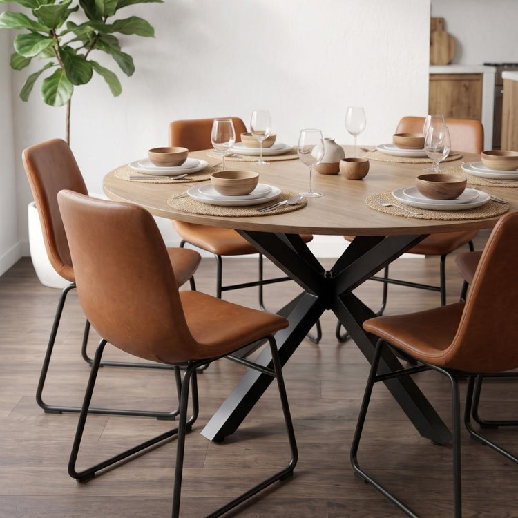 Comedor Mesa Redonda Equiz 120cm Madera | Base X Negro + 6 Sillas Toscana
