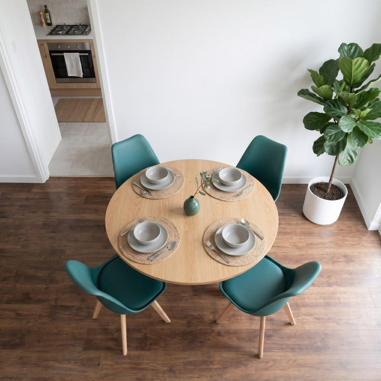 Comedor Mesa Redonda Equiz Wood 100cm + 4 Sillas Tulip Verde Esmeralda