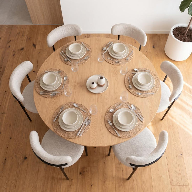 Mesa Redonda Equiz Wood 120cm | Base X + 6 Sillas Makena Beige