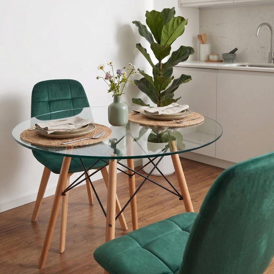 Comedor Mesa Redonda Elida 100cm + 4 Sillón Vorak Velvet Verde Esmeralda