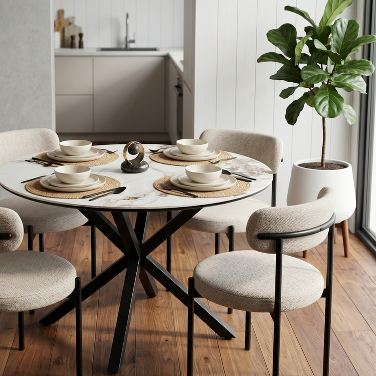 Comedor Mesa Redonda 100 cm Equiz | Cubierta Piedra | Base X Negro + 4 Sillas Makena Beige