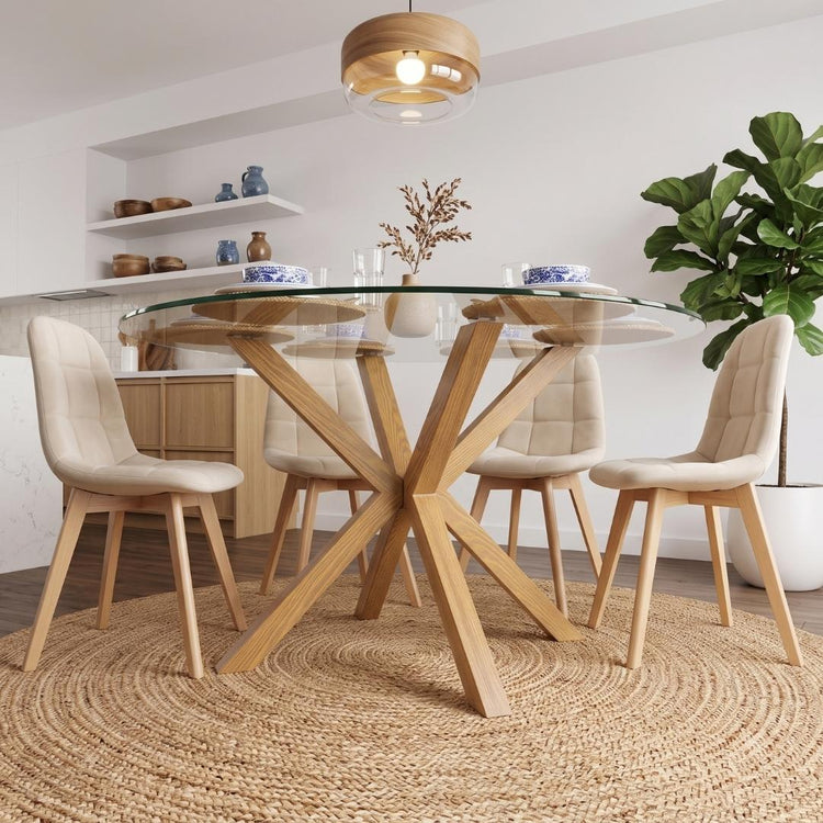 Comedor Mesa Redonda Equiz Wood  120cm + 6 Sillas Vorak Velvet Beige