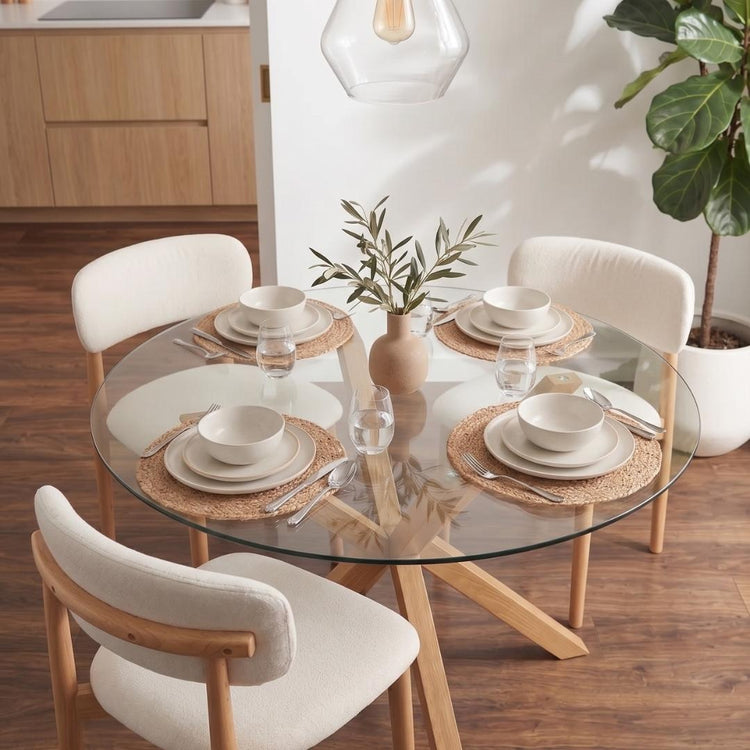 Comedor Mesa Equiz 100cm + 4 Silla Makena Lino Beige | Madera Natural