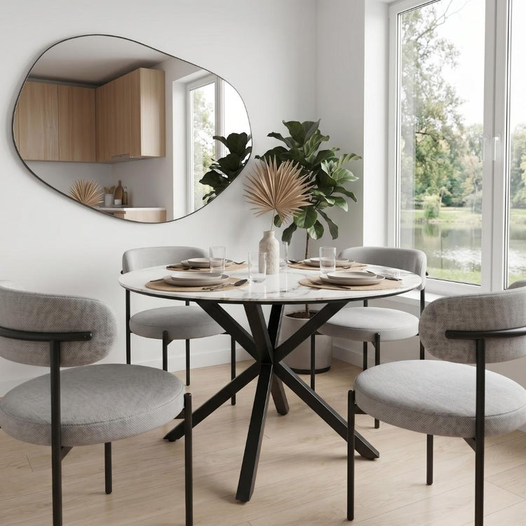 Comedor Mesa Redonda 100 cm Equiz | Cubierta Piedra | Base X Negro + 4 Sillas Makena Gris