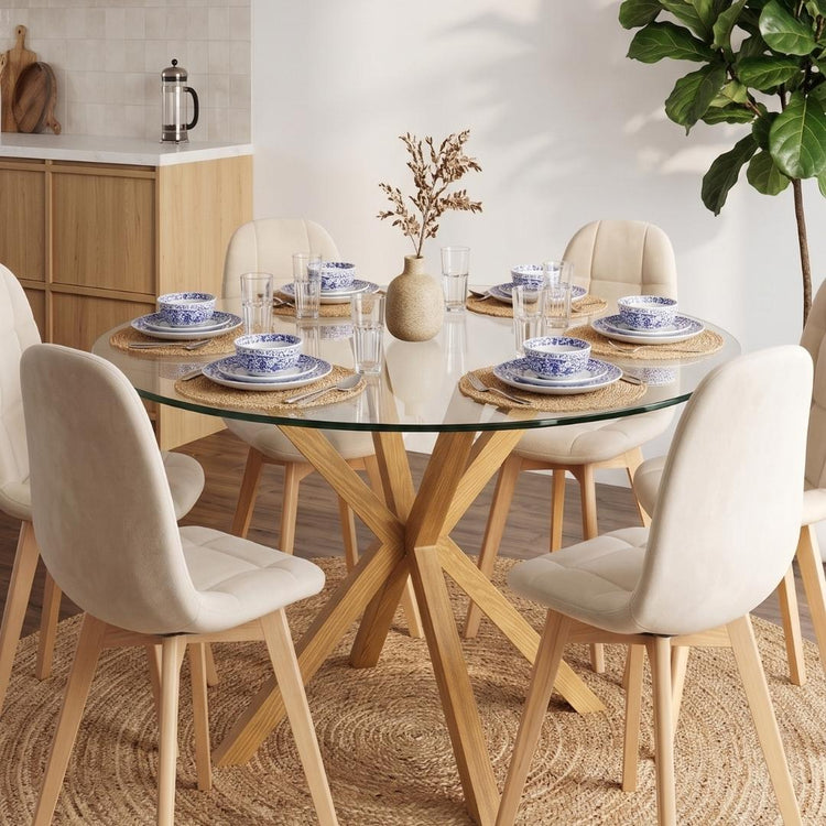 Comedor Mesa Redonda Equiz Wood  120cm + 6 Sillas Vorak Velvet Beige