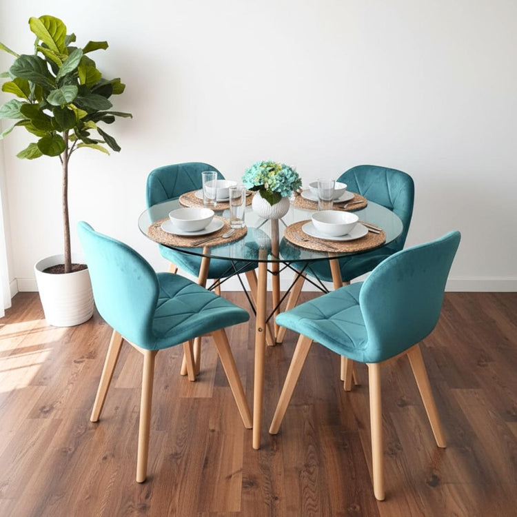 Comedor Mesa Redonda Elida 80cm + 4 Sillones Rubik Velvet Bondi