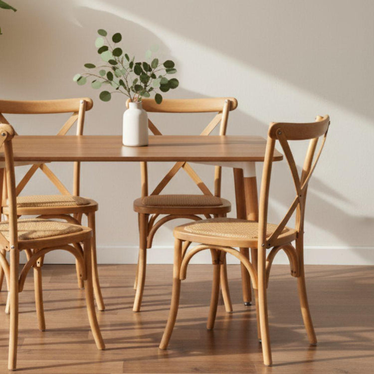 Comedor Mesa Rectangular Alamo 130x80 + 4 Sillas Crossback Madera Natural