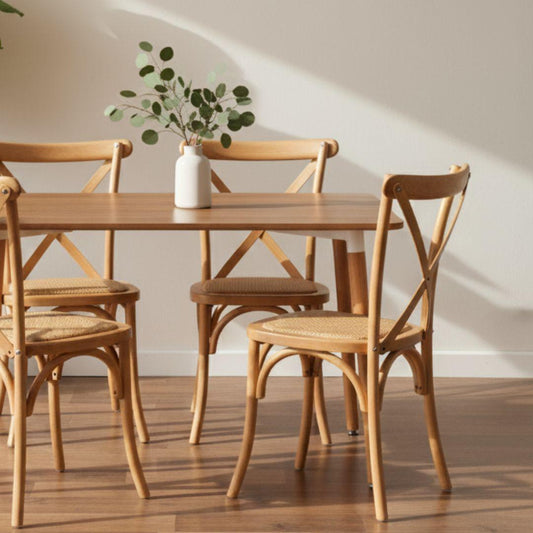 Comedor Mesa Rectangular Alamo 130x80 + 4 Sillas Crossback Madera Natural