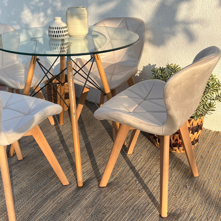 Comedor Redondo Mesa Elida 80cm + 4 Sillón Rubik Beige Felpa