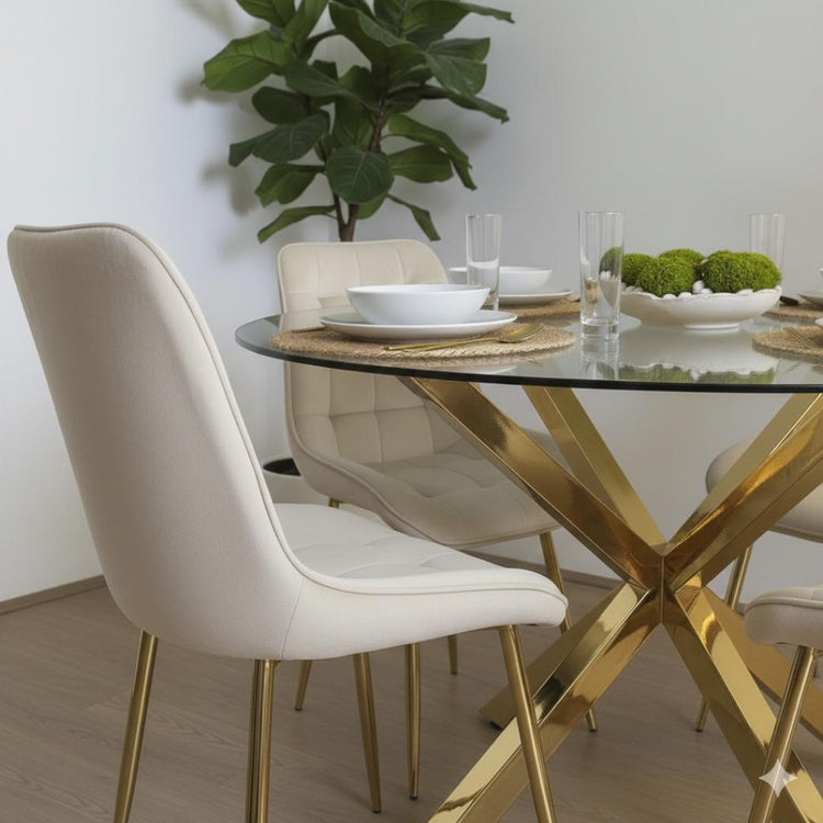 Comedor Mesa Equiz 100cm (Patas X Dorada) + 4 Sillas Kena Beige (Pata dorada)