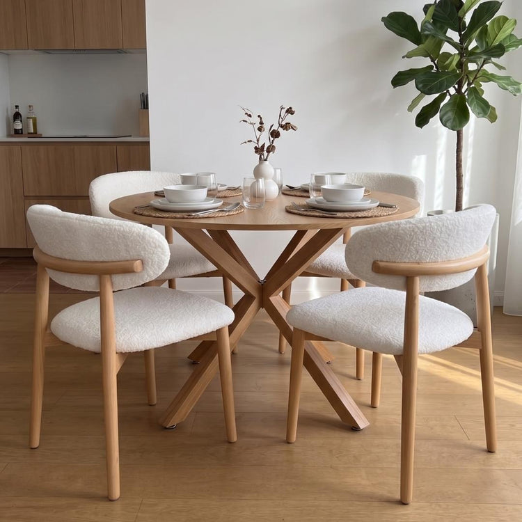 Comedor Mesa Redonda Equiz Wood 100cm | Base X + 4 Silla Makena Blanco Bouclé