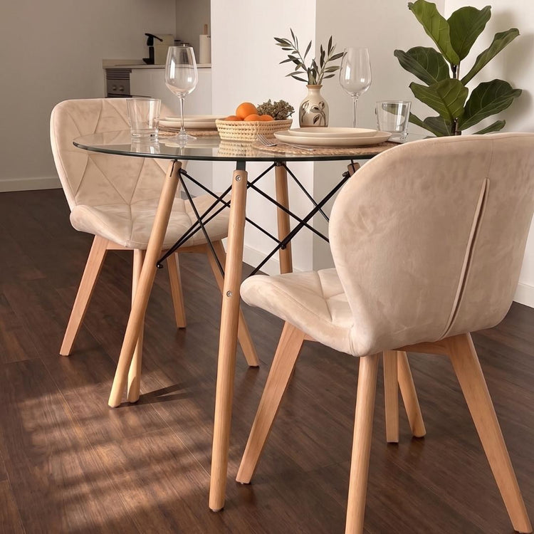 Comedor Mesa Redonda Elida 80cm + 2 Sillón Rubik Velvet Beige