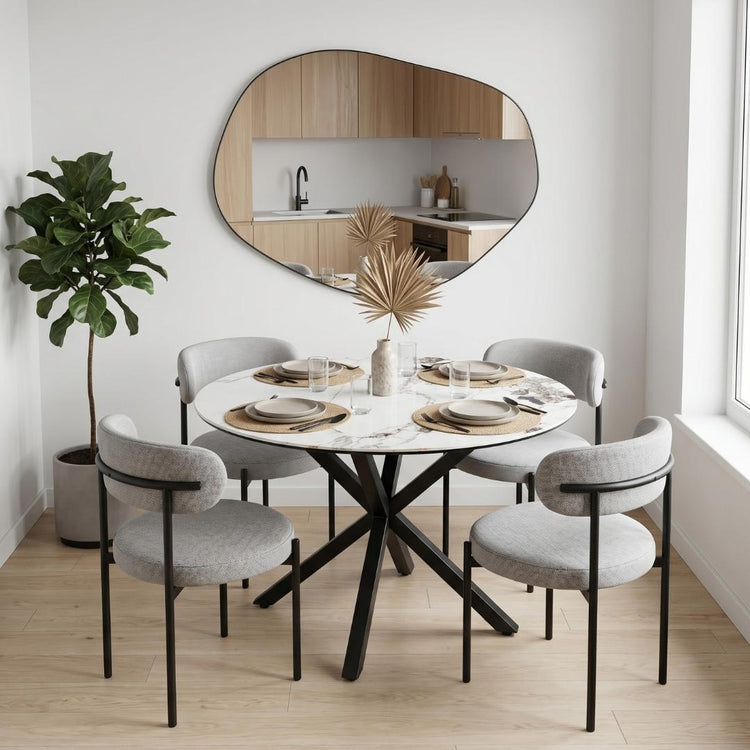 Comedor Mesa Redonda 100 cm Equiz | Cubierta Piedra | Base X Negro + 4 Sillas Makena Gris