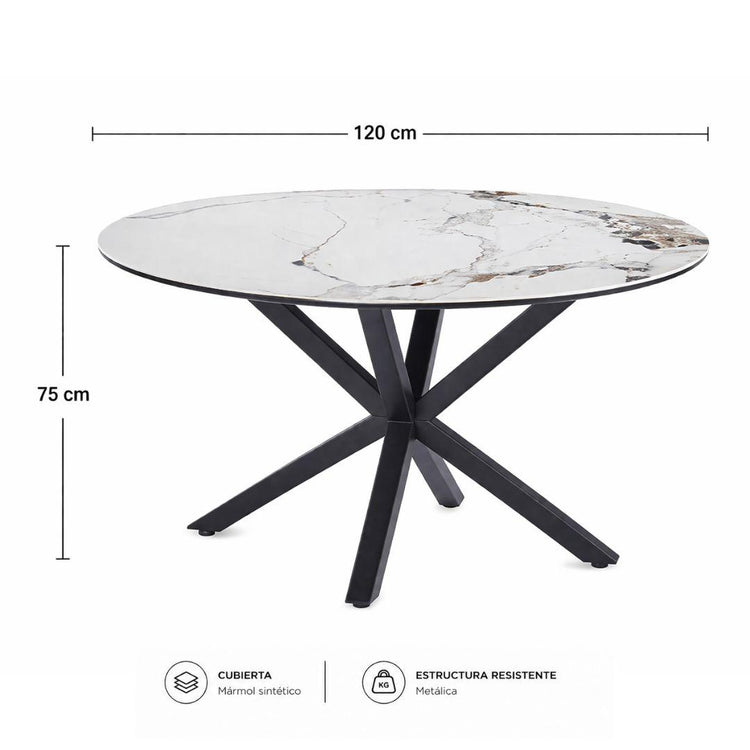 Mesa Redonda 120 cm Equiz | Cubierta Piedra | Base X Negro