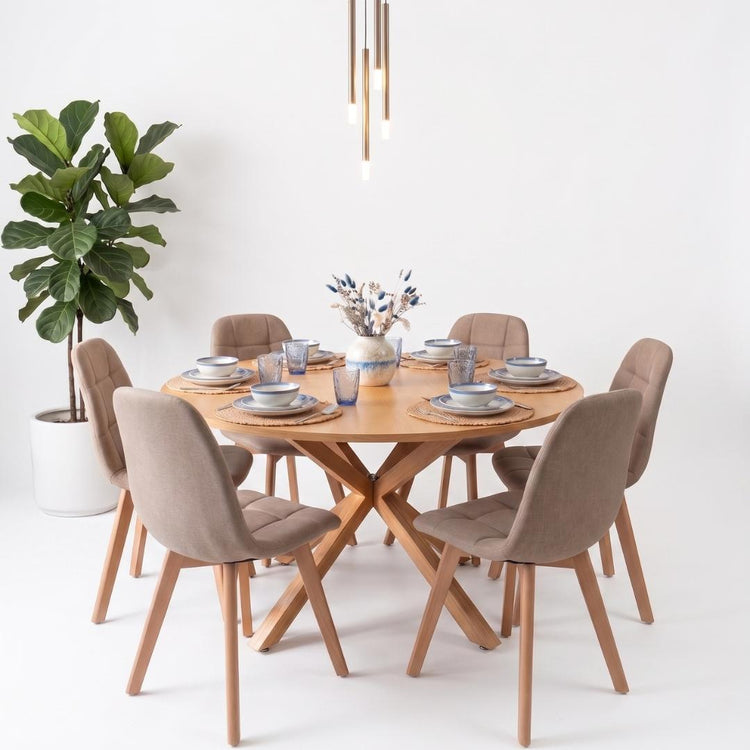 Comedor Mesa Redonda Equiz Wood  120cm + 6 Sillas Vorak Lino Beige