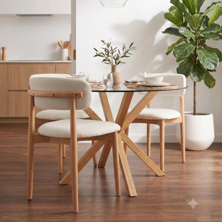Comedor Mesa Equiz 100cm + 4 Silla Makena Lino Beige | Madera Natural