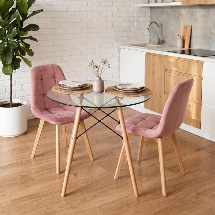 Comedor Mesa Redonda Elida 80cm + 2 Sillón Vorak Velvet Rosada