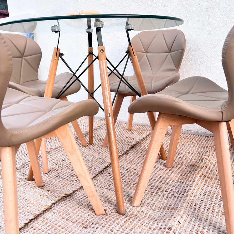 Comedor Redondo Mesa Elida 80cm + 4 Sillones Rubik Latte