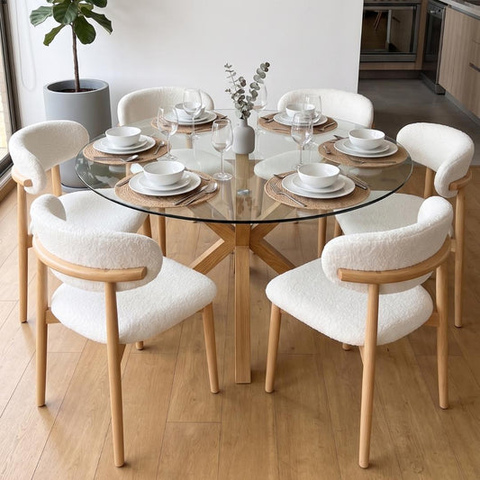 Comedor Mesa Equiz 120cm + 6 Silla Makena Blanco Bouclé