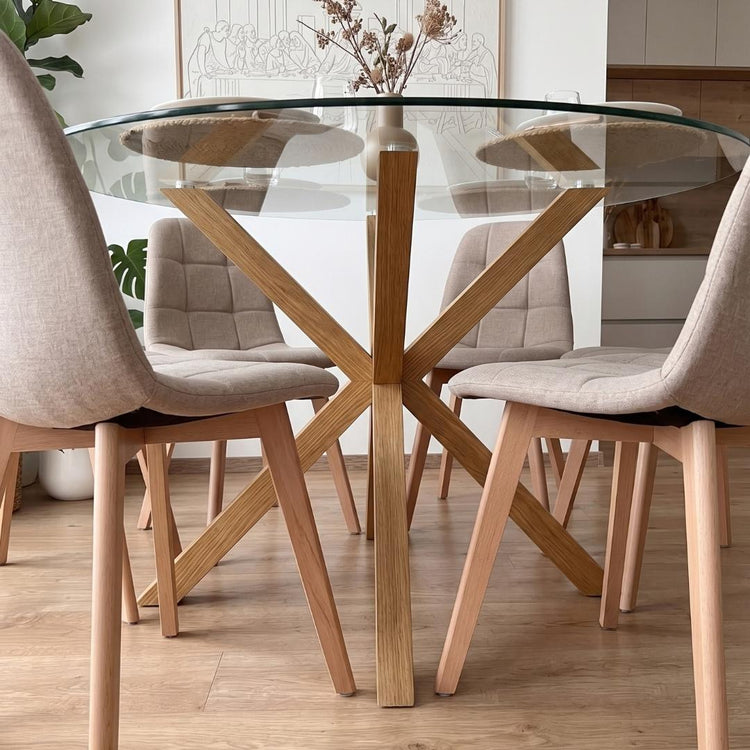 Comedor Mesa Redonda Equiz 120cm + 6 Sillas Vorak Lino Beige