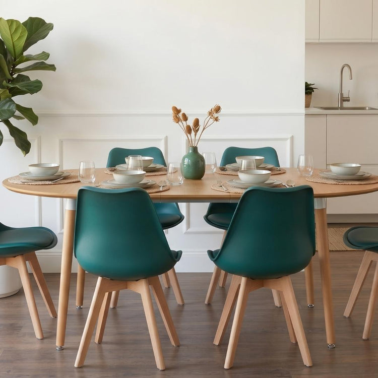 Comedor Extensible Bayona Wood 100-180cm + 4 Sillas Tulip Verde Esmeralda