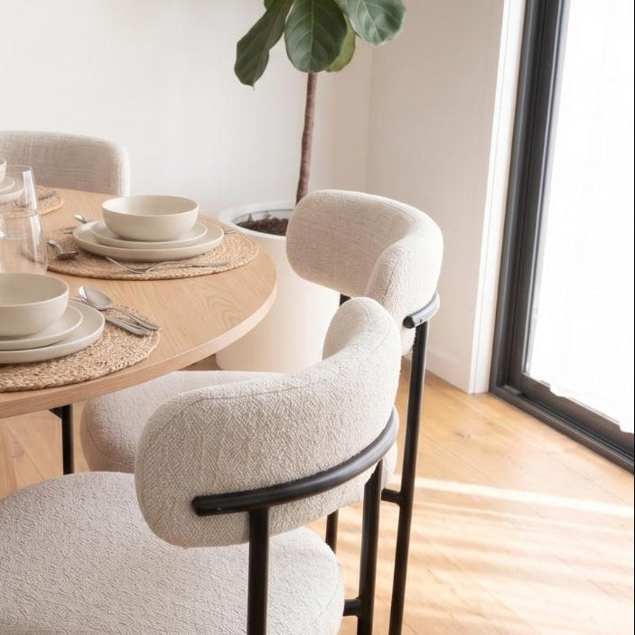 Mesa Redonda Equiz Wood 120cm | Base X + 6 Sillas Makena Beige
