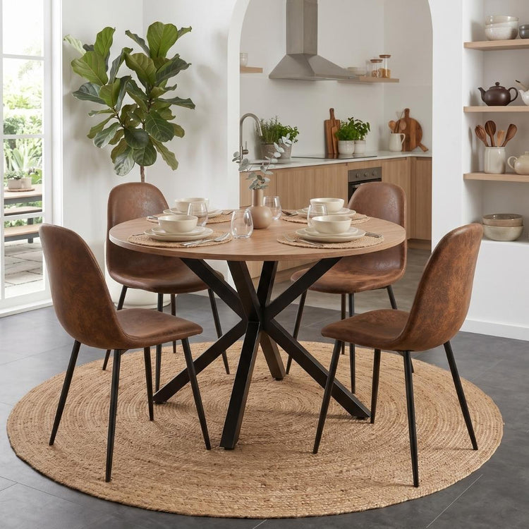 Comedor Mesa Redonda Equiz 100cm Madera | Base X Negro + 4 Sillas Isidora