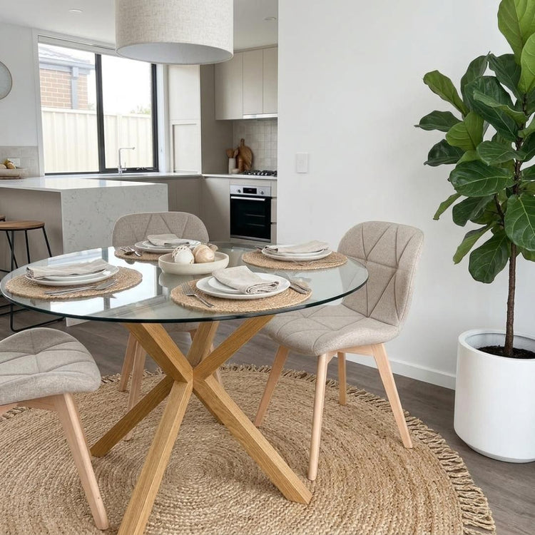 Comedor Mesa Equiz 100cm + 4 Sillón Rubik Lino Beige