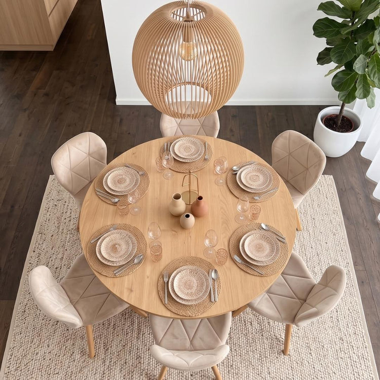 Comedor Mesa Redonda Equiz Wood  120cm + 6 Sillón Rubik Velvet Beige