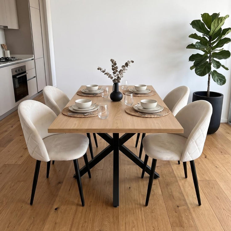 Comedor Mesa Greta Wood 140x90 | Pata Negra + 4 Silla Eloina Felpa Beige | Pata Negra