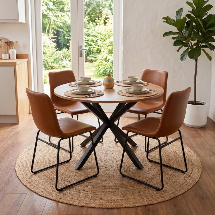 Comedor Mesa Redonda Equiz 100cm Madera | Base X Negro + 4 Sillas Toscana