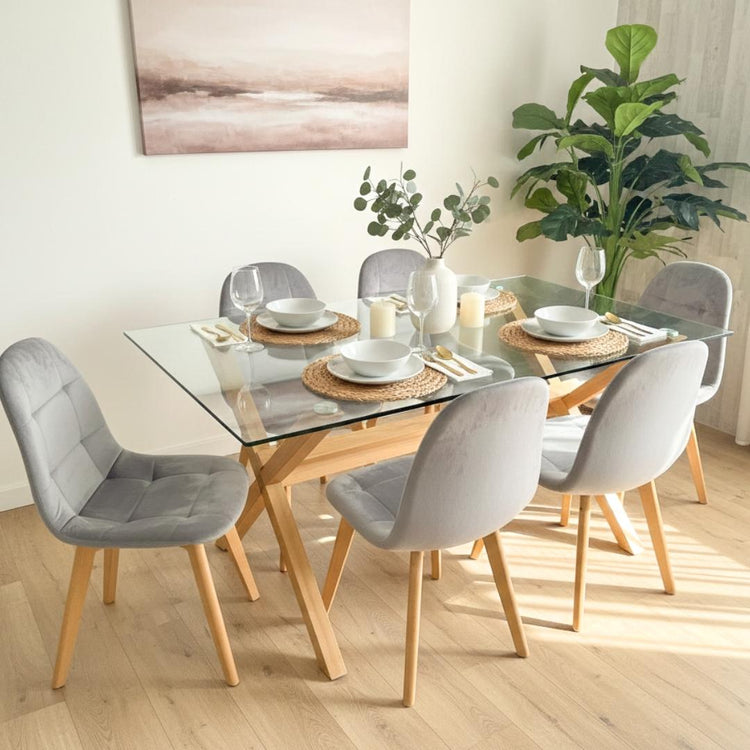 Comedor Mesa Xinia 140x90 + 6 Sillas Vorak Velvet Gris