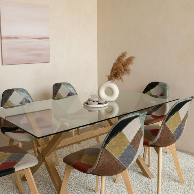 Comedor Mesa Xinia 140x90 + 6 Sillas Patchwork Da Vinci | Ecocuero Claro