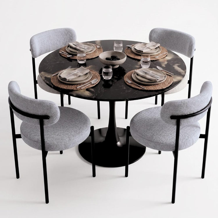 Comedor Mesa Tulip 100 cm | Piedra & Base Negro + 4 Sillas Makena Gris