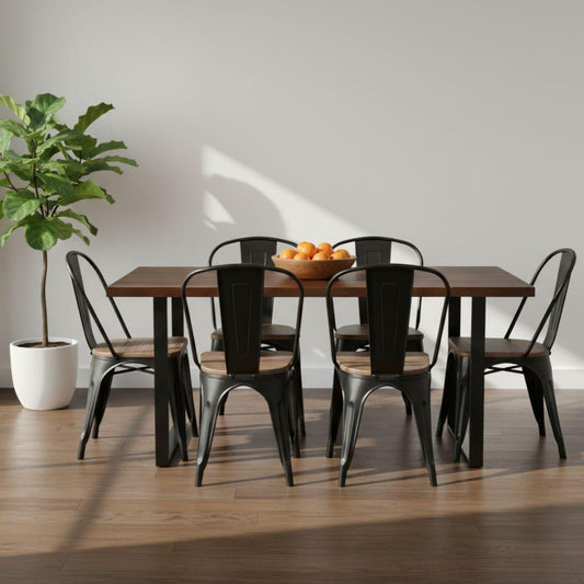 Comedor Mesa Rectangular Ámbar 160x90 + 6 Sillas Tolix Negro (Madera Oscura)