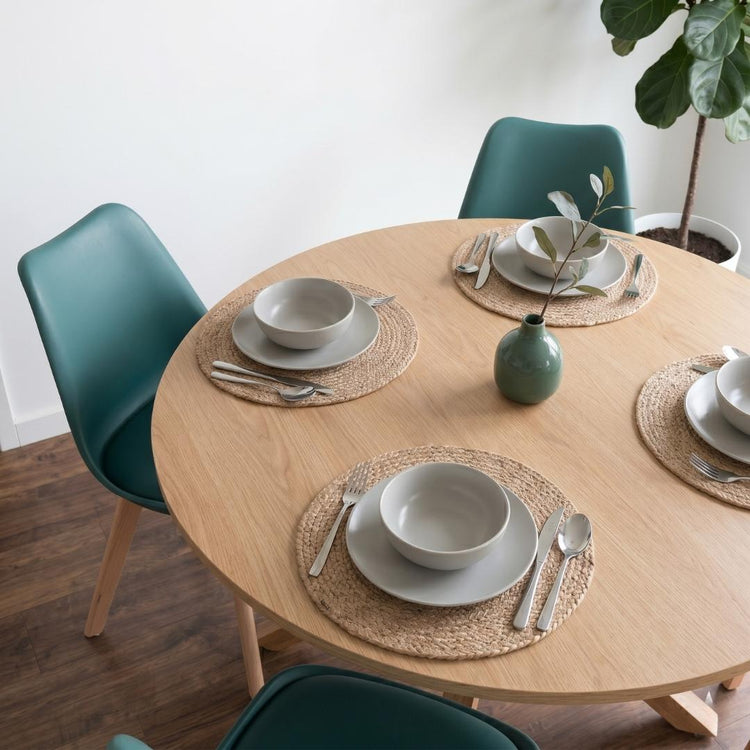 Comedor Mesa Redonda Equiz Wood 100cm + 4 Sillas Tulip Verde Esmeralda