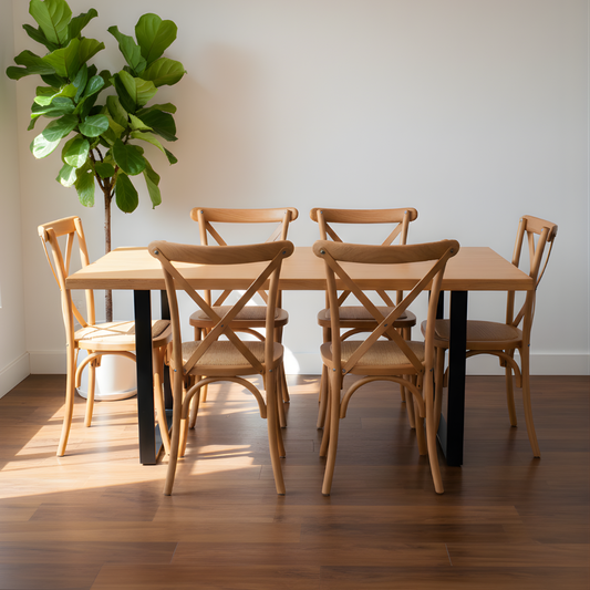 Comedor Mesa Rectangular Ámbar 160x90 + 6 Sillas Crossback Madera