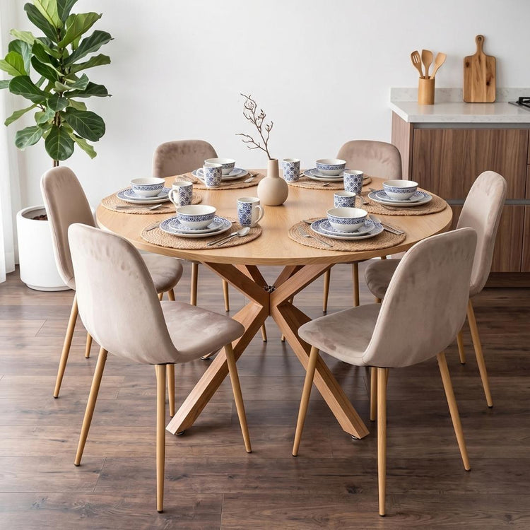 Comedor Mesa Redonda Equiz Wood  120cm + 6 Sillas Isy Arena