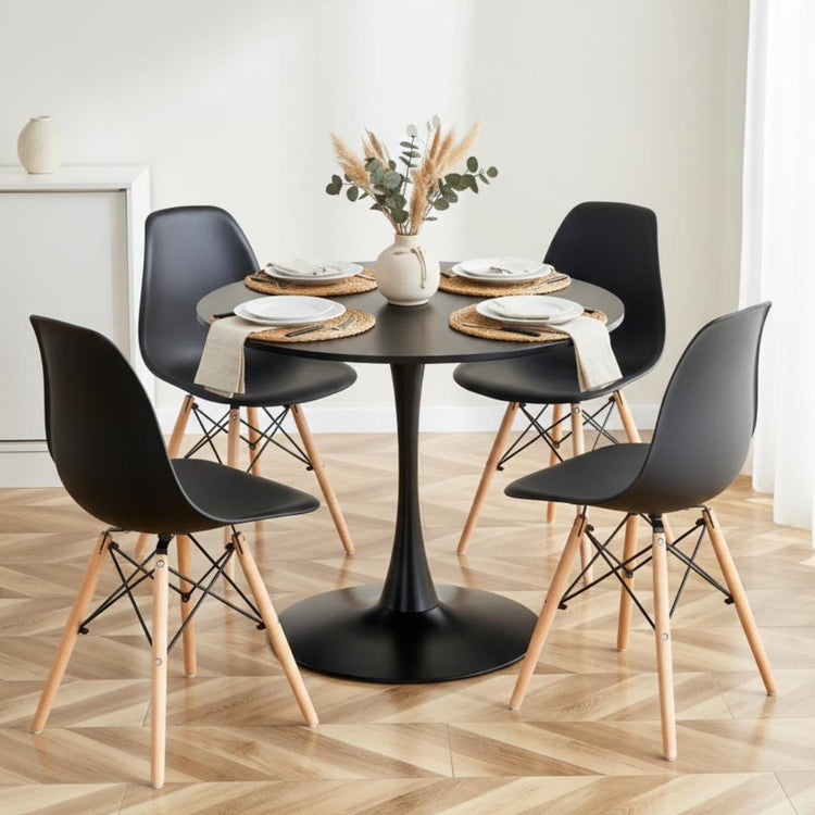 Comedor Mesa Tulip Negro 80 cm + 4 Sillas Eames Negro