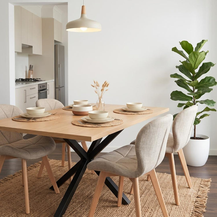 Comedor Mesa Greta Wood 140x90 | Pata Negra + 4 Sillón Rubik Lino Beige