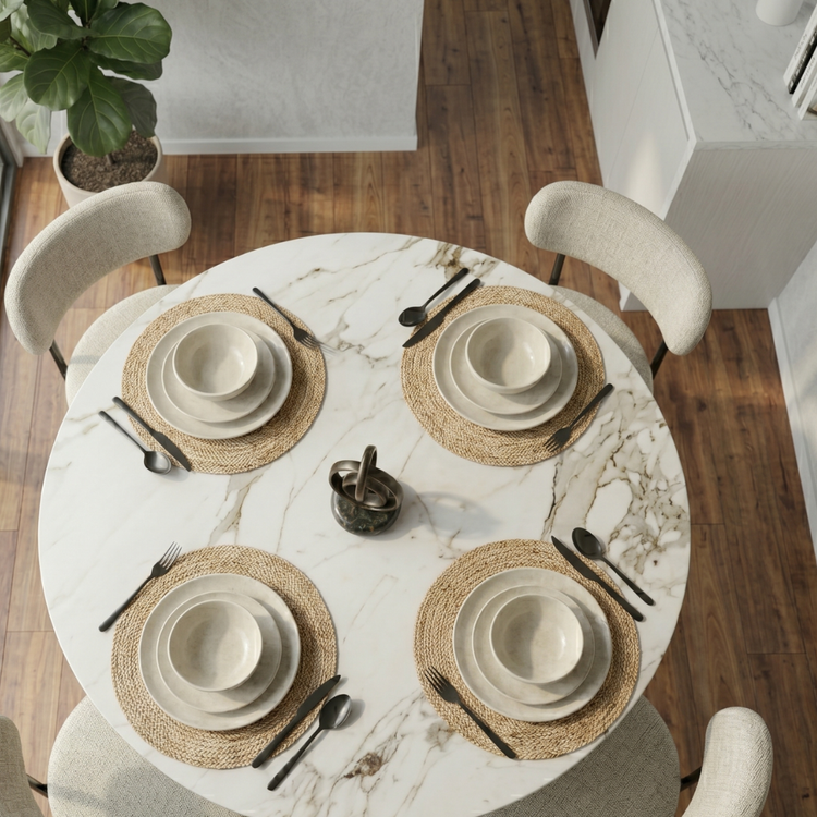 Comedor Mesa Redonda 100 cm Equiz | Cubierta Piedra | Base X Negro + 4 Sillas Makena Beige