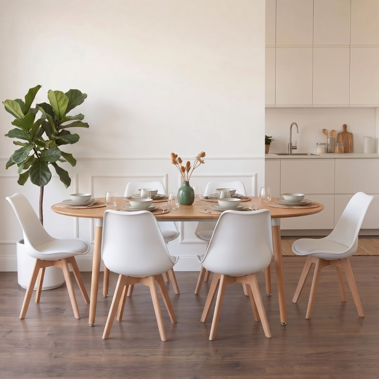 Comedor Extensible Bayona Wood 100-180cm + 4 Sillas Tulip Blanco