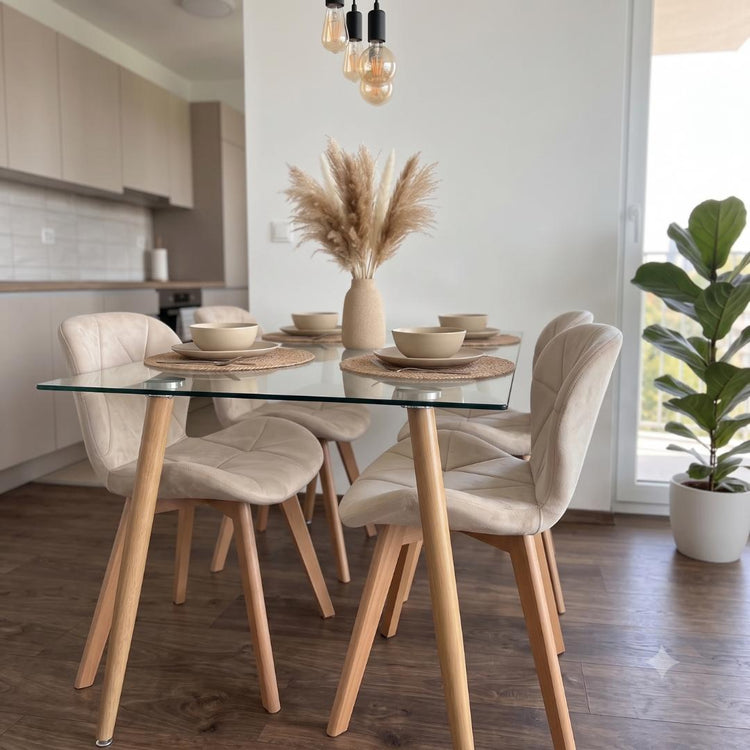 Comedor Mesa Vitreo 120x80 + 4 Sillón Rubik Velvet Beige