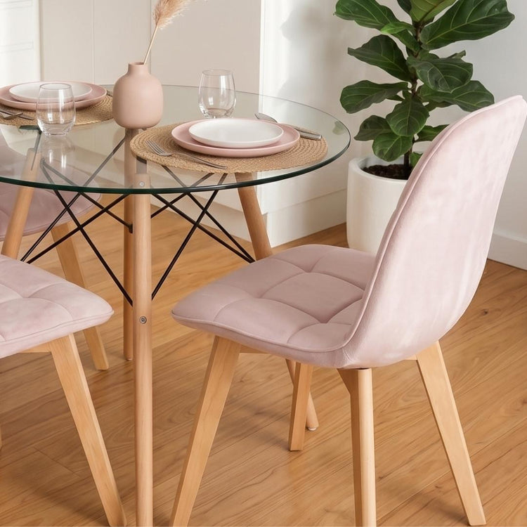 Comedor Mesa Redonda Elida 80cm + 2 Sillón Vorak Velvet Rosada