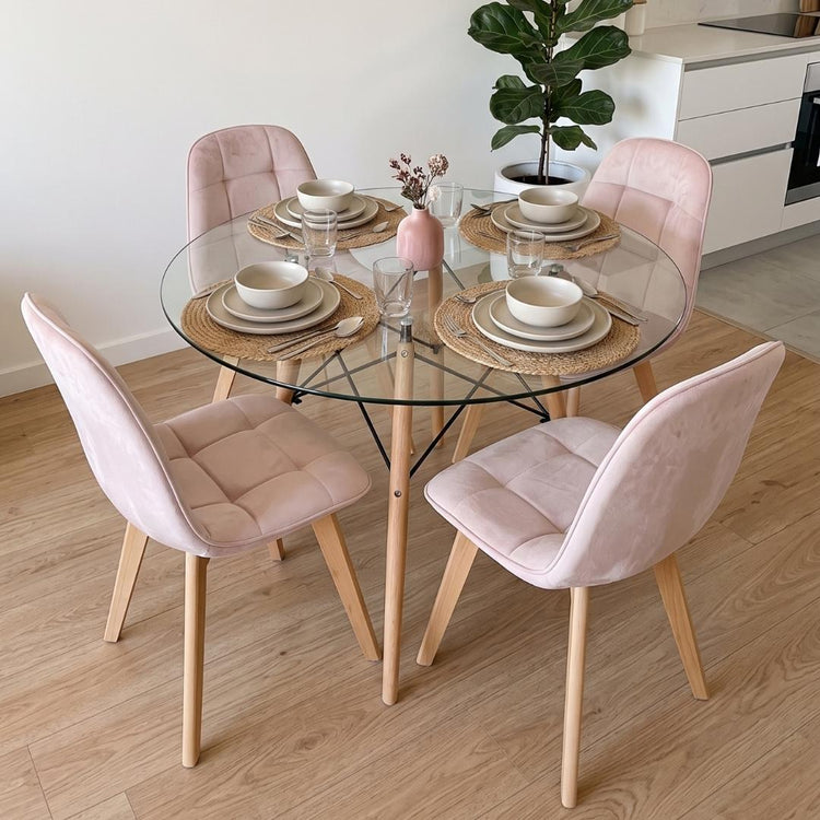 Comedor Mesa Redonda Elida 100cm + 4 Sillón Vorak Velvet Rosada