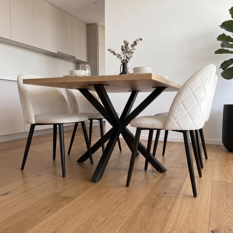 Comedor Mesa Greta Wood 140x90 | Pata Negra + 4 Silla Eloina Felpa Beige | Pata Negra