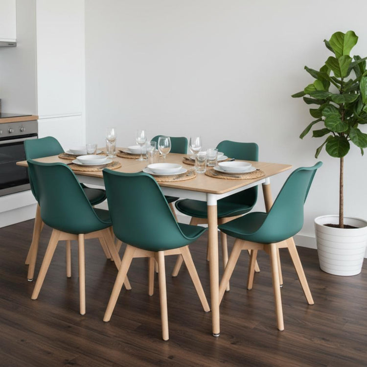 Comedor Mesa Rectangular Alamo 130x80 + 6 Sillas Tulip Verde Esmeralda