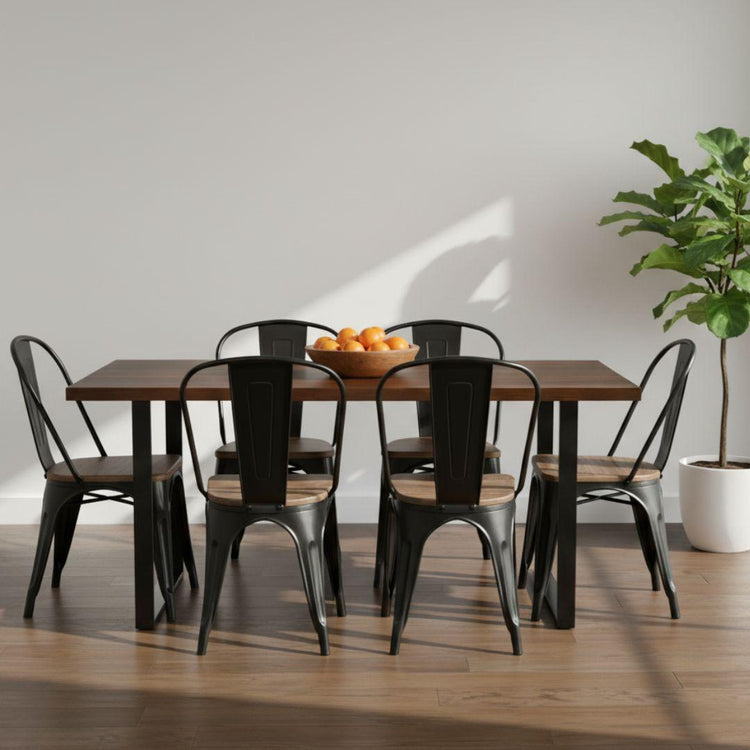Comedor Mesa Rectangular Ámbar 160x90 + 6 Sillas Tolix Negro (Madera Oscura)