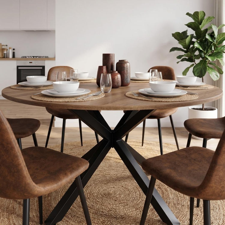 Comedor Mesa Redonda Equiz 120cm Madera | Base X Negro + 6 Sillas Isidora