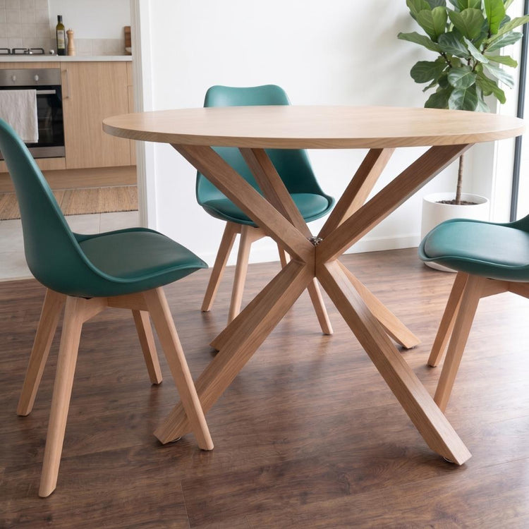 Comedor Mesa Redonda Equiz Wood 100cm + 4 Sillas Tulip Verde Esmeralda